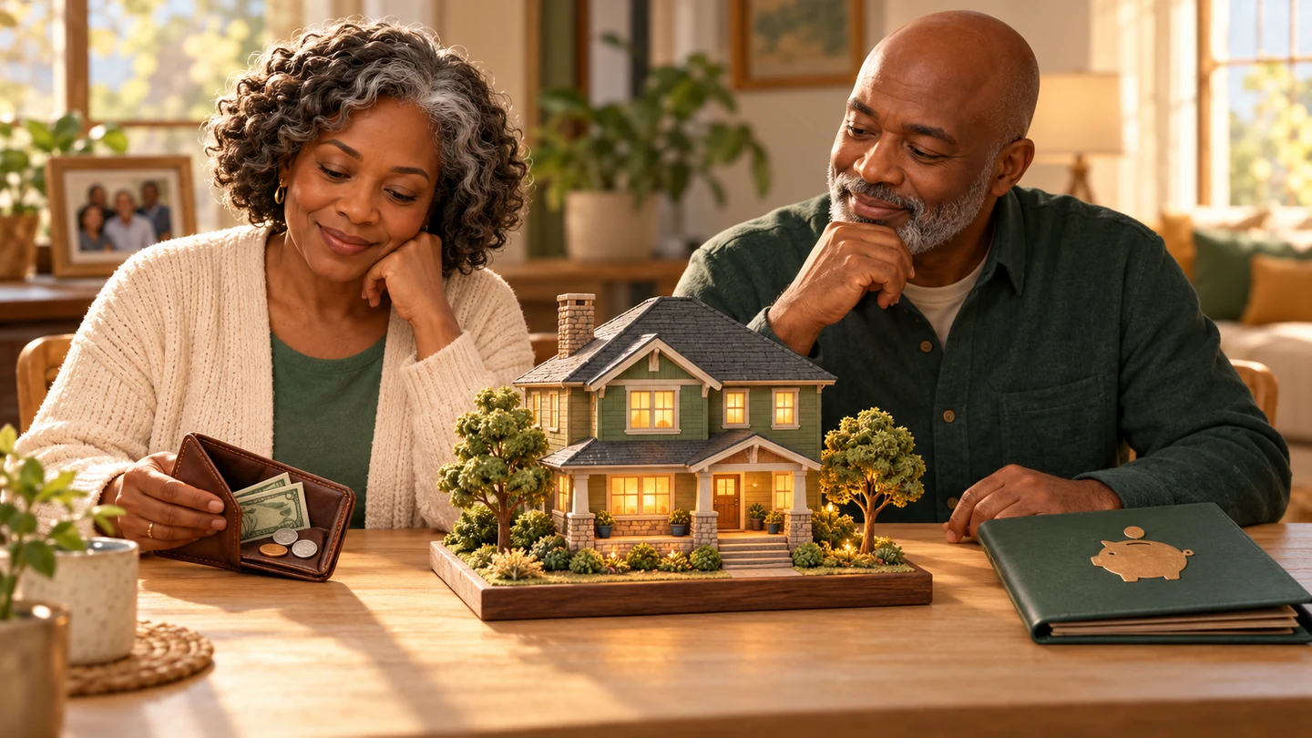 A model home beside a cash wallet and retirement savings folder