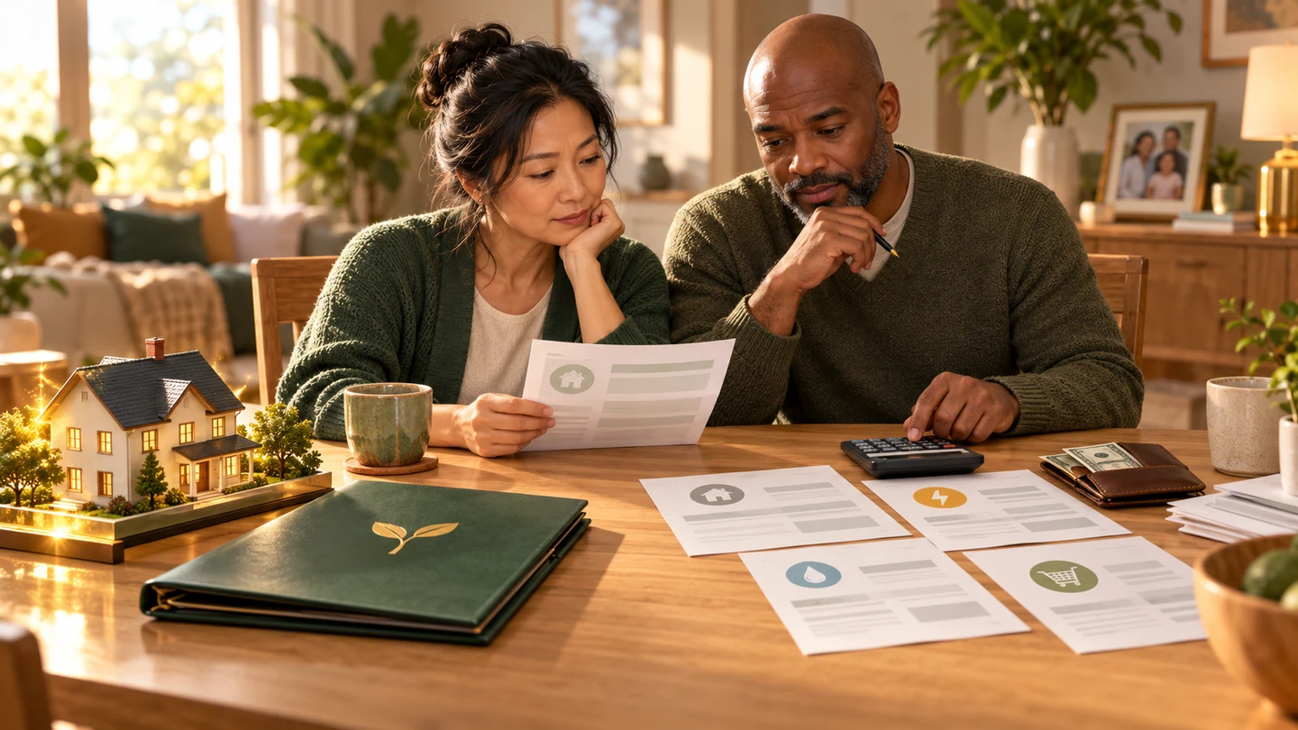 A family reviews investments and household bills at a table